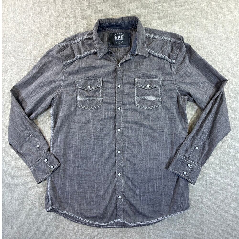 BKE Men XL Gray Athletic Fit Long Sleeve Pearl Snap Western Cowboy Work Shirt